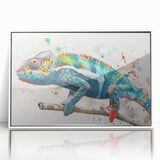Framed acrylic wall art featuring a vibrant chameleon design, showcasing intricate details and bright colors against a sleek white frame, perfect for reptile enthusiasts.