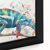 Close-up of a vibrant chameleon wall art design on framed canvas, showcasing intricate details and vivid colors, perfect for reptile enthusiasts and home decor.