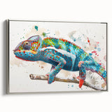 Framed wall art showcasing a vibrant chameleon design in silver, perfect for reptile enthusiasts; features intricate details and a modern aesthetic.