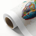 Colorful chameleon wall art on rolled canvas, showcasing vibrant greens and blues, perfect for reptile enthusiasts and modern home decor. Ideal for adding a unique touch to any room.