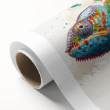 Colorful chameleon wall art on rolled canvas, showcasing vibrant greens and blues, perfect for reptile enthusiasts and modern home decor. Ideal for adding a unique touch to any room.