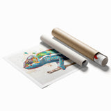 Vibrant chameleon wall art print showcasing intricate details and bold colors, rolled and ready for framing, perfect for reptile enthusiasts and home decor.