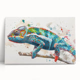 Vibrant chameleon wall art collection on stretched canvas, showcasing intricate designs and colors, ideal for reptile enthusiasts and contemporary decor. Perfect for adding a unique touch to any living space.