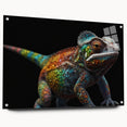 Colorful chameleon wall art design on acrylic glass, showcasing vibrant hues and intricate details, perfect for reptile enthusiasts and modern home decor.
