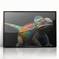 Framed wall art featuring a vibrant chameleon design in an acrylic finish, showcasing intricate details and bold colors against a sleek black frame, ideal for reptile enthusiasts.