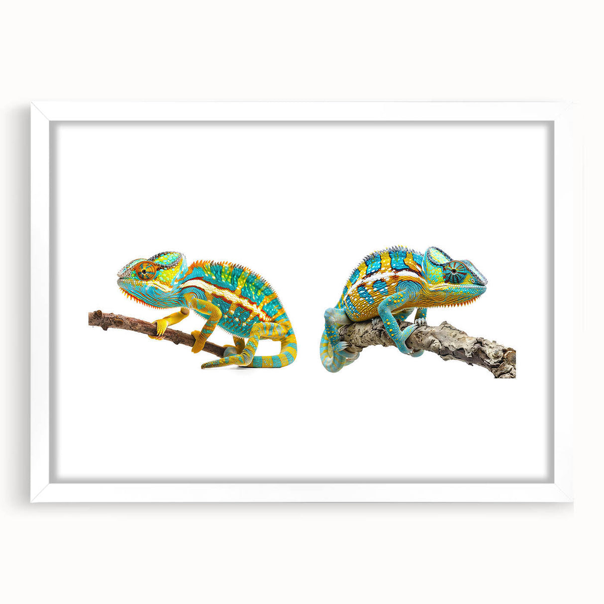 Stylish wall art featuring a vibrant chameleon design, framed in white with a mat, perfect for adding a pop of color to any modern decor. Ideal for reptile lovers and nature enthusiasts.