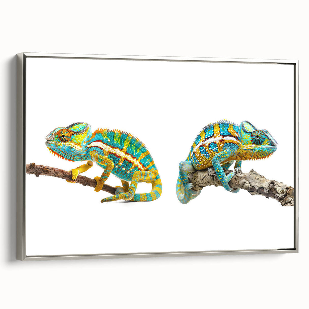 Framed wall art featuring a vibrant chameleon design, showcasing intricate details and a silver frame, ideal for reptile enthusiasts and modern decor.