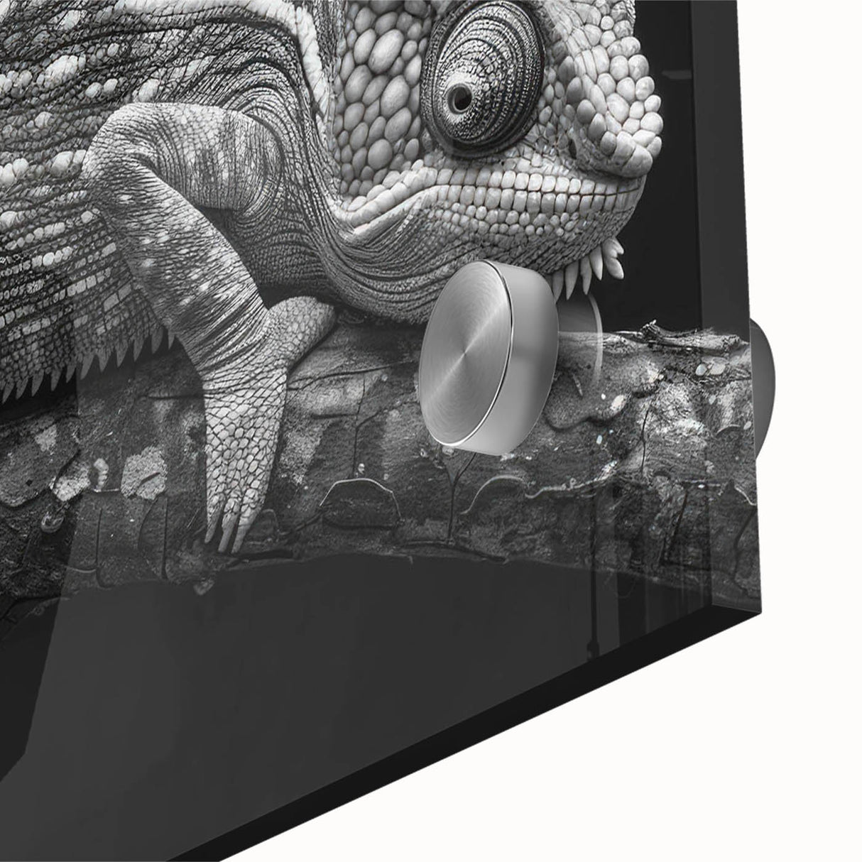 Close-up of a vibrant chameleon wall art piece showcasing intricate details and vivid colors, designed for reptile enthusiasts and modern home decor. Acrylic glass finish enhances visual appeal, perfect for adding a unique touch to any living space.