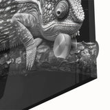 Close-up of a vibrant chameleon wall art piece showcasing intricate details and vivid colors, designed for reptile enthusiasts and modern home decor. Acrylic glass finish enhances visual appeal, perfect for adding a unique touch to any living space.