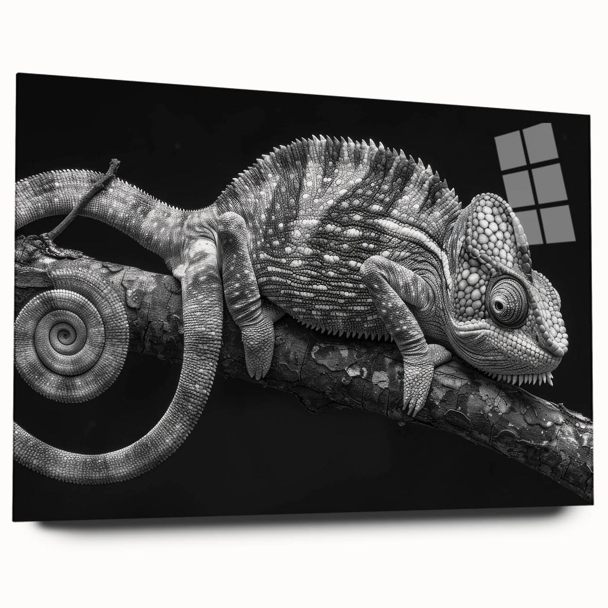 Vibrant chameleon wall art collection displayed in acrylic glass, showcasing intricate colors and textures in a modern design, ideal for reptile enthusiasts.
