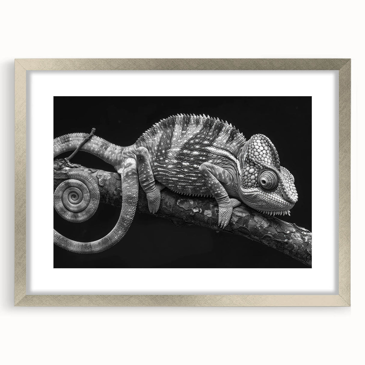 Chameleon-themed wall art framed in a sleek silver design, showcasing vibrant colors and intricate details, perfect for enhancing modern decor. Ideal for reptile lovers.