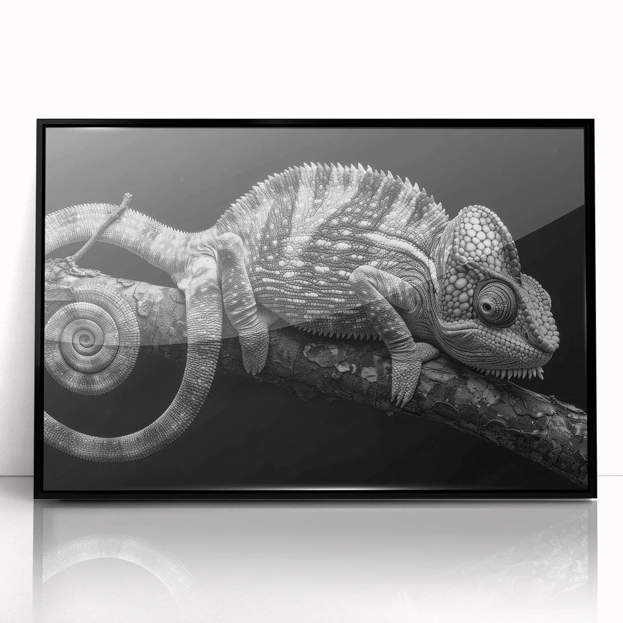 Framed wall art featuring a vibrant chameleon design with intricate details on a black background, showcasing a modern aesthetic perfect for reptile enthusiasts.