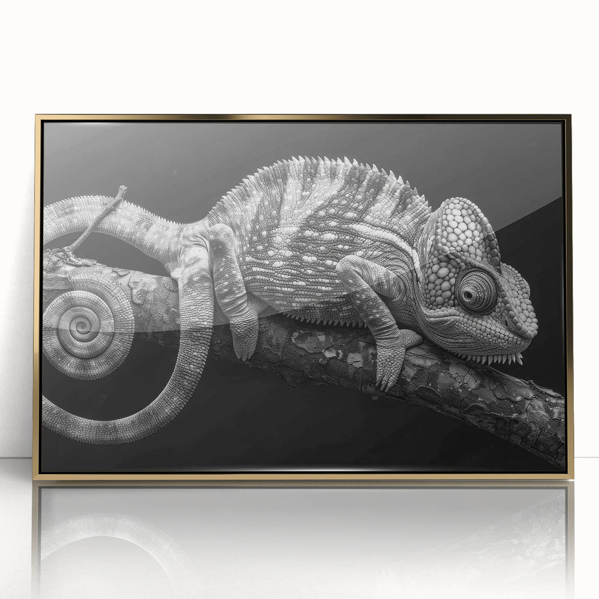 Framed wall art showcasing a vibrant chameleon design in shades of green and blue, set against a gold-accented background. Ideal for reptile enthusiasts and modern decor.