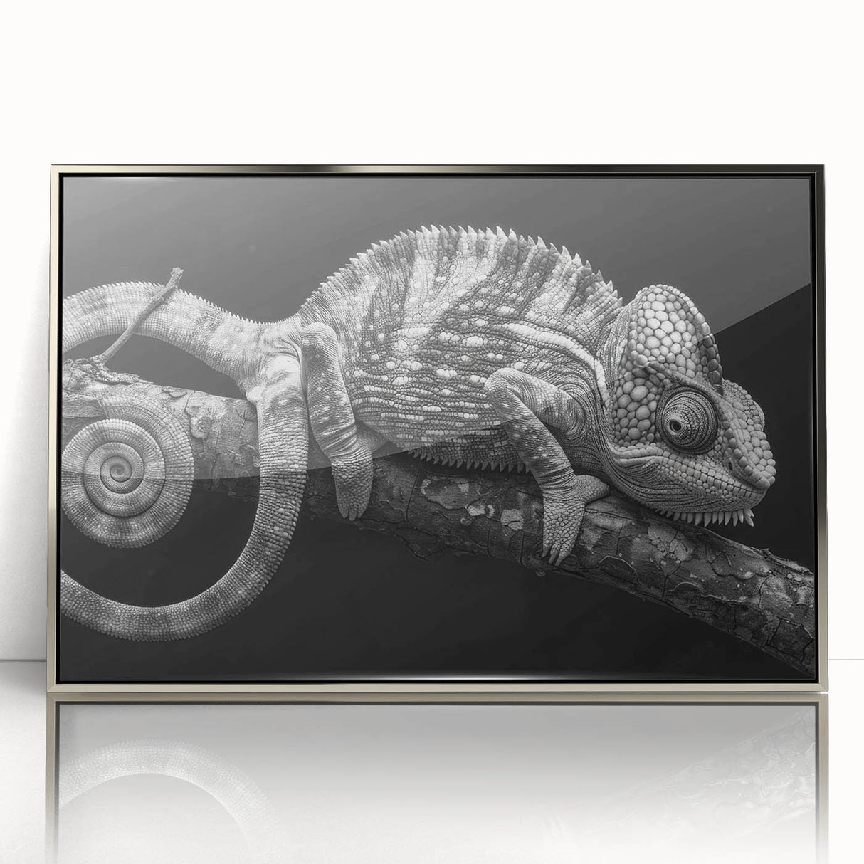 Framed wall art featuring a vibrant chameleon design, showcasing intricate colors and details, set in a sleek silver frame for modern decor.