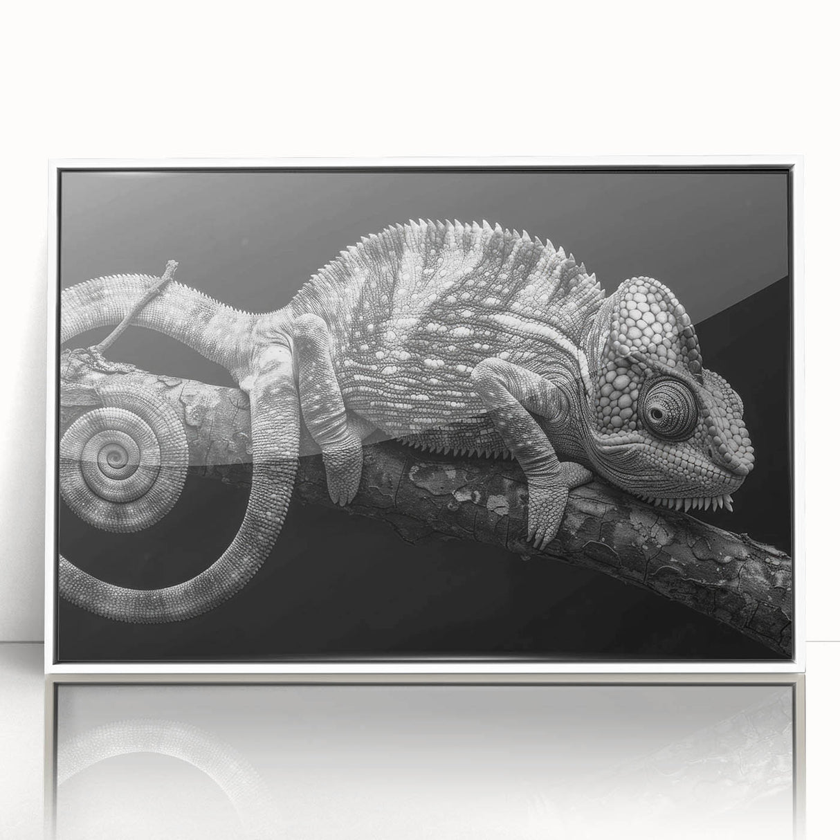 Framed acrylic wall art featuring a vibrant chameleon design, set against a sleek white background, perfect for enhancing modern decor and reptile-themed spaces.