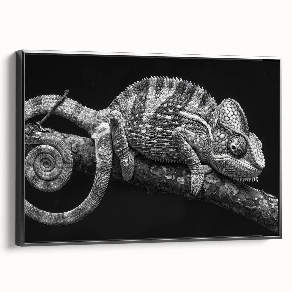 Chameleon-themed wall art in a sleek black frame, showcasing vibrant colors and intricate details, perfect for reptile enthusiasts and modern decor.