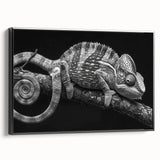 Chameleon-themed wall art in a sleek black frame, showcasing vibrant colors and intricate details, perfect for reptile enthusiasts and modern decor.