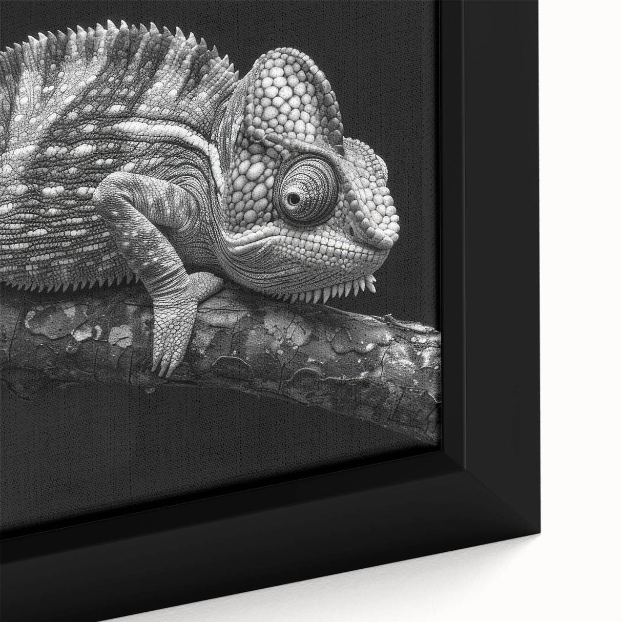 Close-up of a vibrant chameleon wall art design on framed canvas, showcasing intricate details and bold colors, perfect for reptile enthusiasts and home decor.