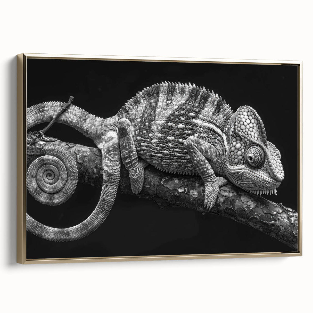 Framed wall art showcasing a colorful chameleon design, featuring vibrant greens and gold accents against a neutral background, perfect for reptile enthusiasts and home decor.