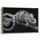 Framed wall art showcasing a colorful chameleon design, featuring vibrant greens and gold accents against a neutral background, perfect for reptile enthusiasts and home decor.