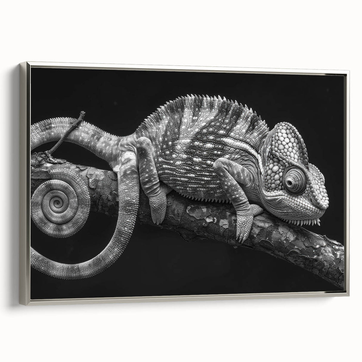 Framed wall art featuring a vibrant chameleon design in a silver frame, showcasing intricate details and bright colors, perfect for reptile enthusiasts and modern decor.