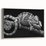 Framed wall art featuring a vibrant chameleon design in a silver frame, showcasing intricate details and bright colors, perfect for reptile enthusiasts and modern decor.