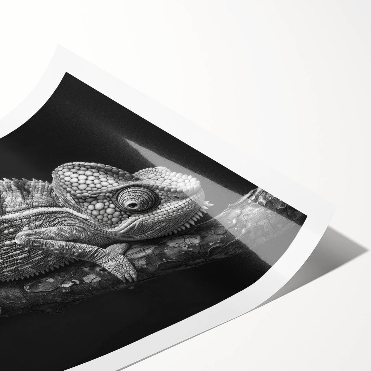 Vibrant chameleon wall art print featuring intricate colors and details, rolled and ready for display, showcasing a unique reptile design perfect for modern decor.