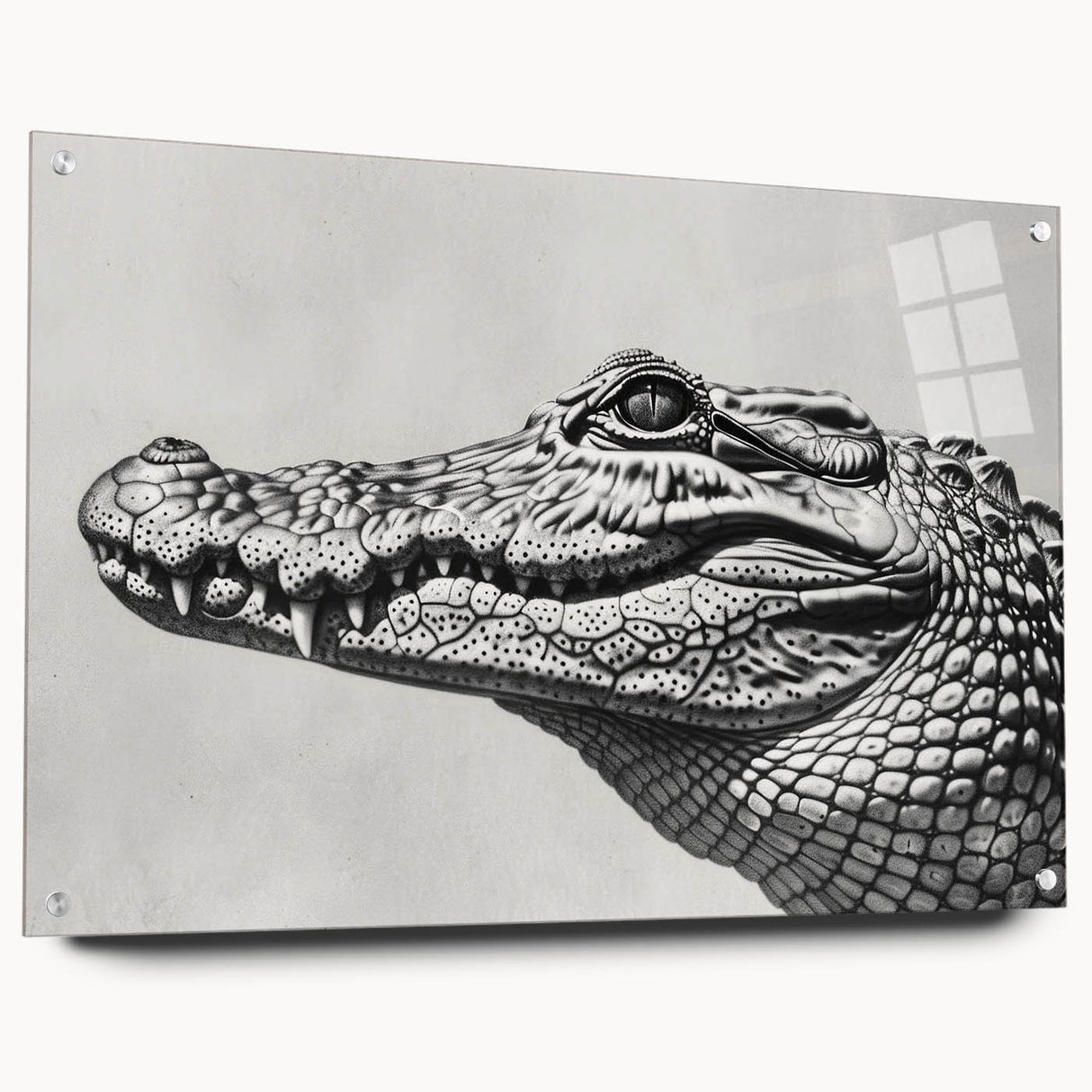 Acrylic wall art collection featuring a side view design of reptiles, including gators and crocodiles, displayed with decorative pins, ideal for nature-themed decor.