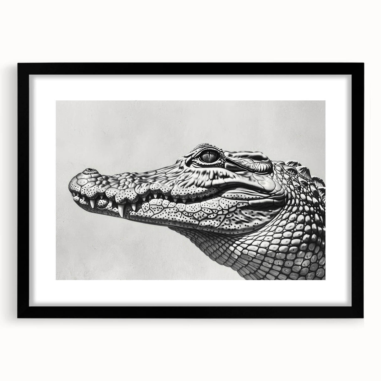 Framed wall art collection showcasing vibrant reptile designs featuring alligators and crocodiles, set against a sleek black frame, perfect for wildlife enthusiasts.