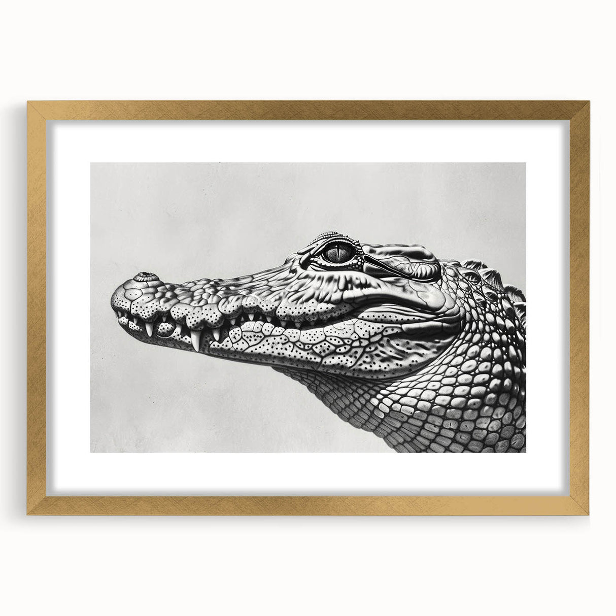 Gold-framed wall art collection featuring a detailed design of reptiles, including alligators and crocodiles, set against a vibrant background, perfect for nature enthusiasts.