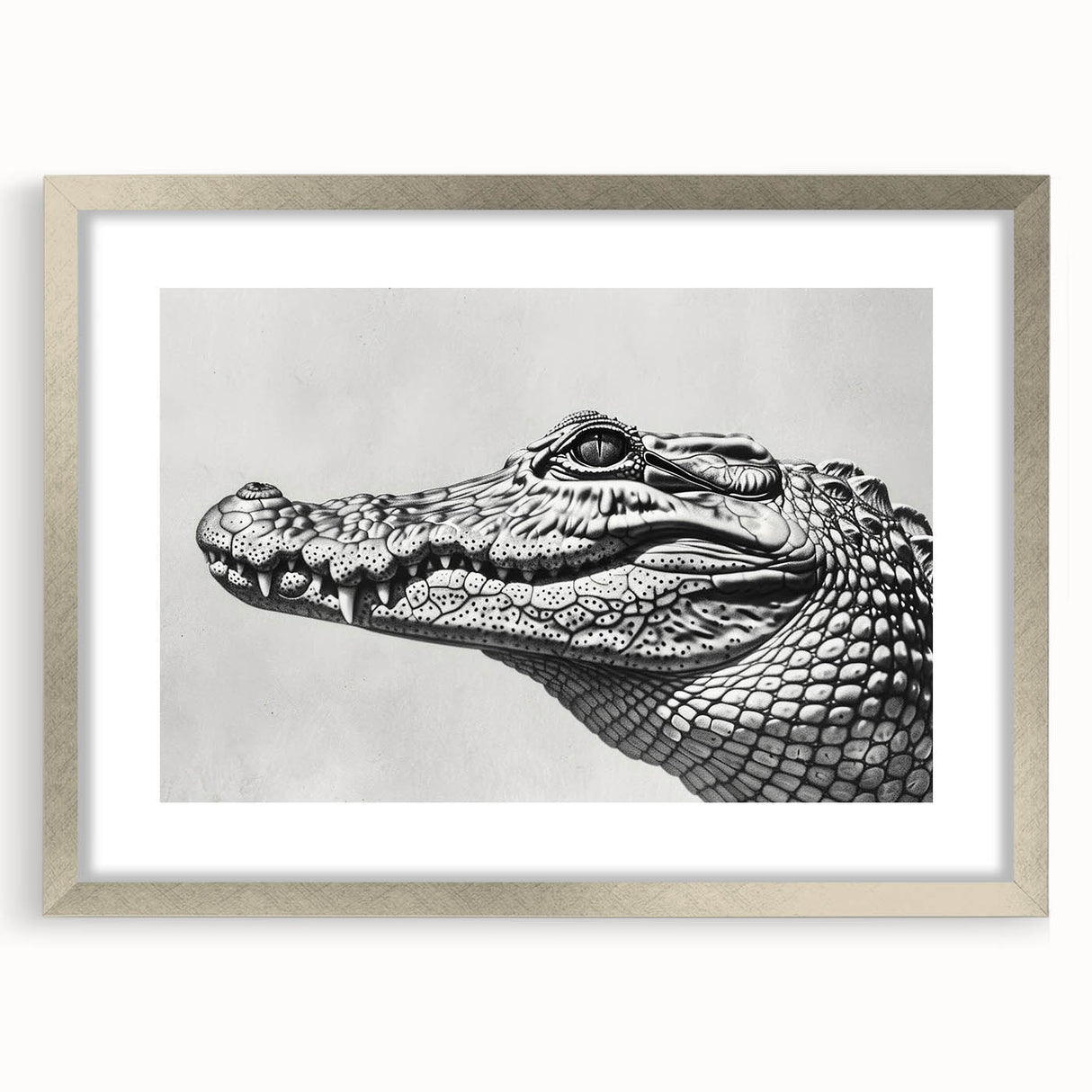 Framed wall art collection showcasing vibrant reptile designs, including alligators and crocodiles, with a sleek silver frame and matting, enhancing any decor.