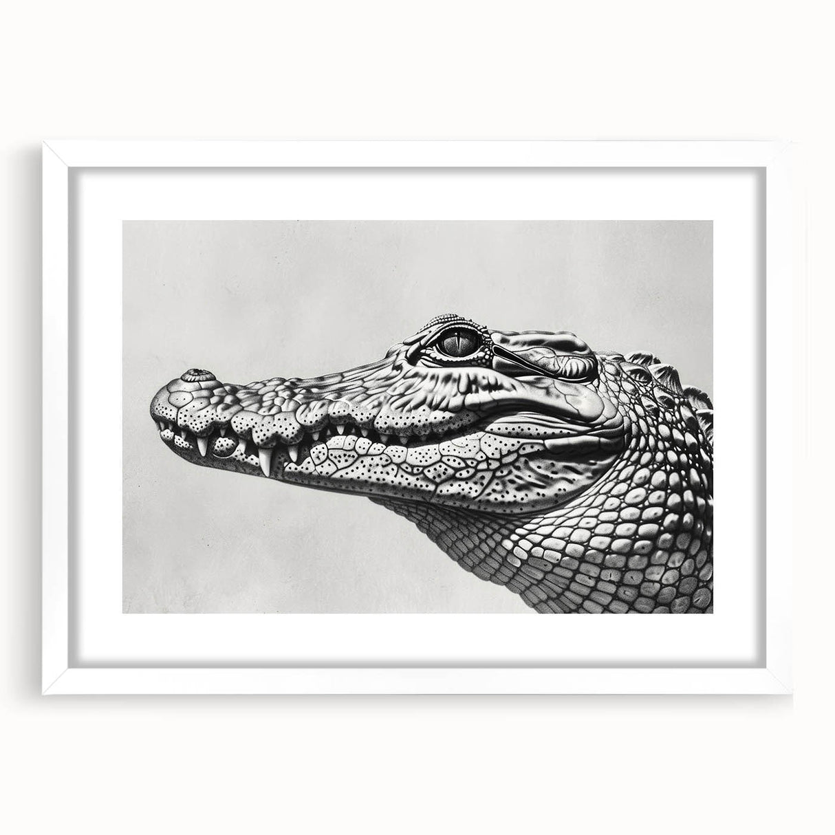 Framed wall art featuring a vibrant design of reptiles, including alligators and crocodiles, set against a white mat, perfect for wildlife enthusiasts’ decor.