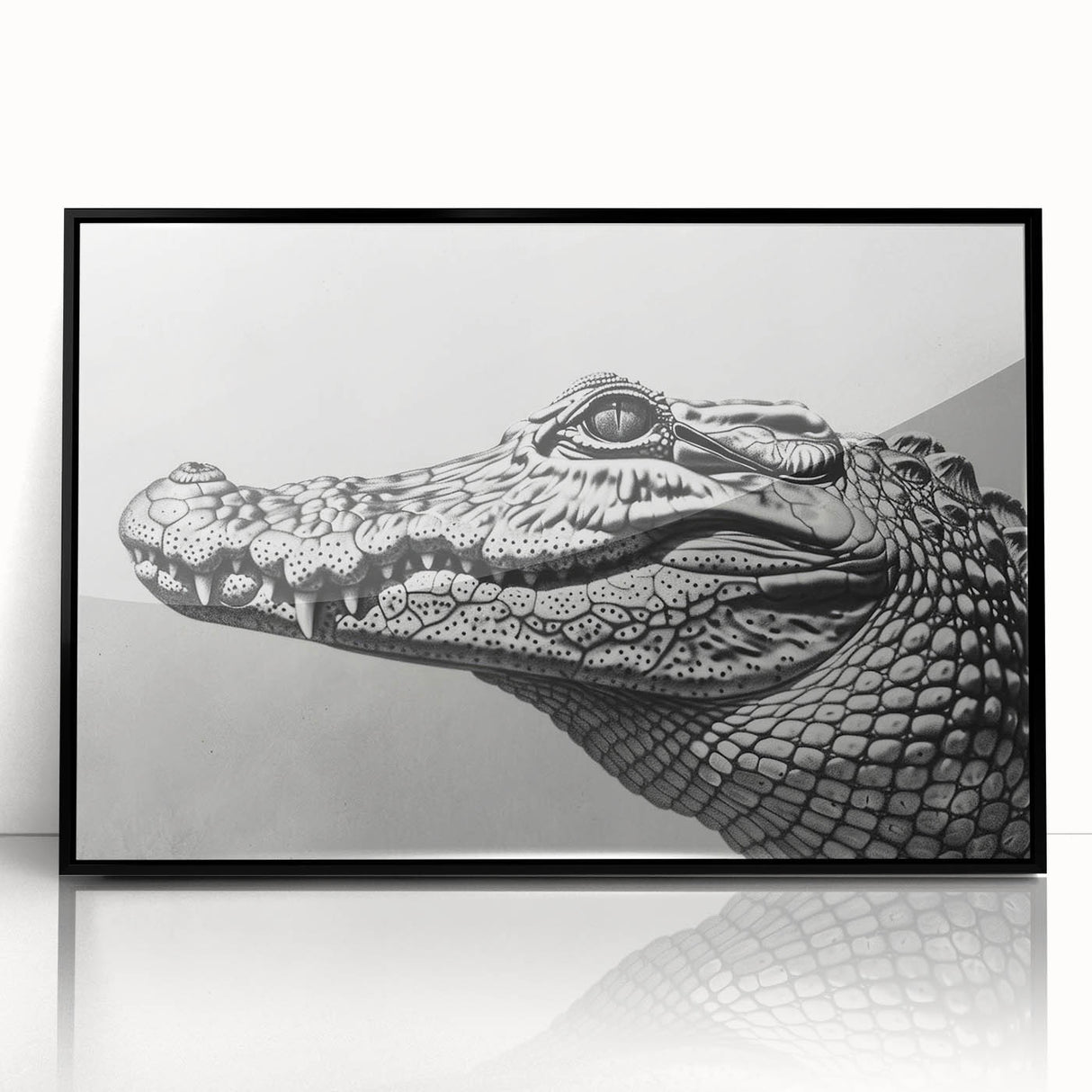 Framed acrylic wall art featuring a striking design of reptiles, including alligators and crocodiles, set in a sleek black frame, perfect for wildlife enthusiasts.