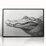 Framed acrylic wall art featuring a striking design of reptiles, including alligators and crocodiles, set in a sleek black frame, perfect for wildlife enthusiasts.