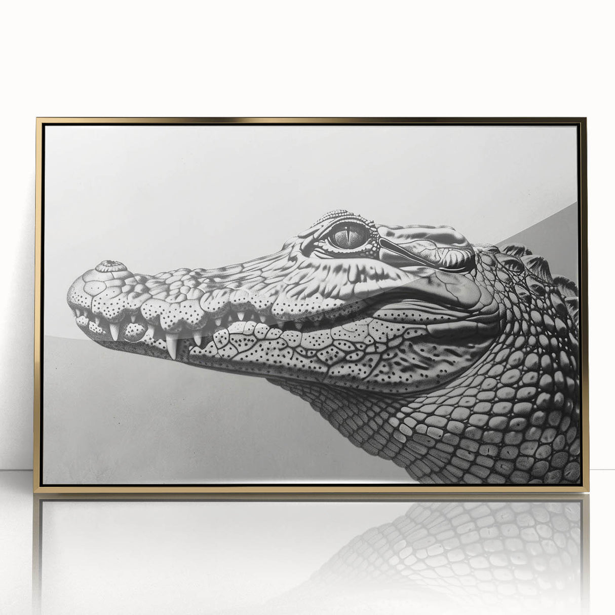Framed acrylic wall art featuring a detailed design of reptiles, including alligators and crocodiles, showcased in a gold frame, perfect for animal lovers.