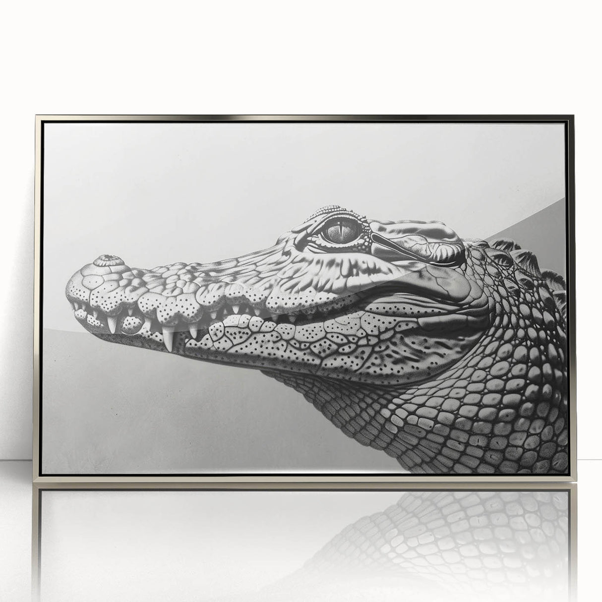 Framed wall art collection showcasing a vibrant design of reptiles, including alligators and crocodiles, in a sleek silver frame, ideal for nature enthusiasts.