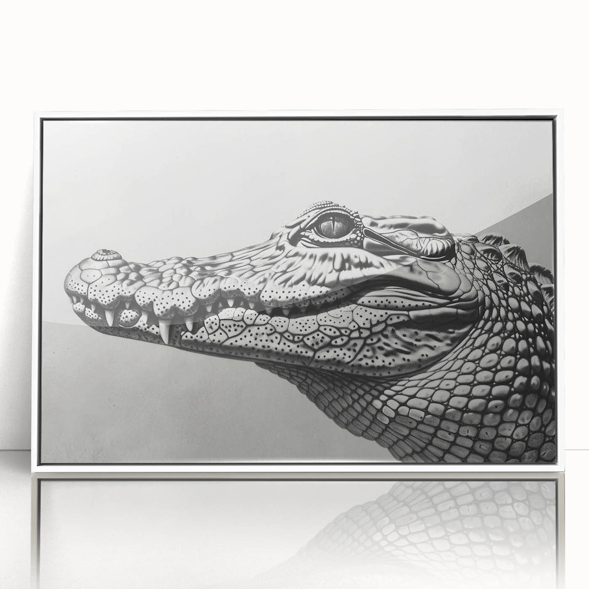 Framed acrylic wall art collection featuring vibrant reptile designs, including alligators and crocodiles, set against a white background for modern decor.