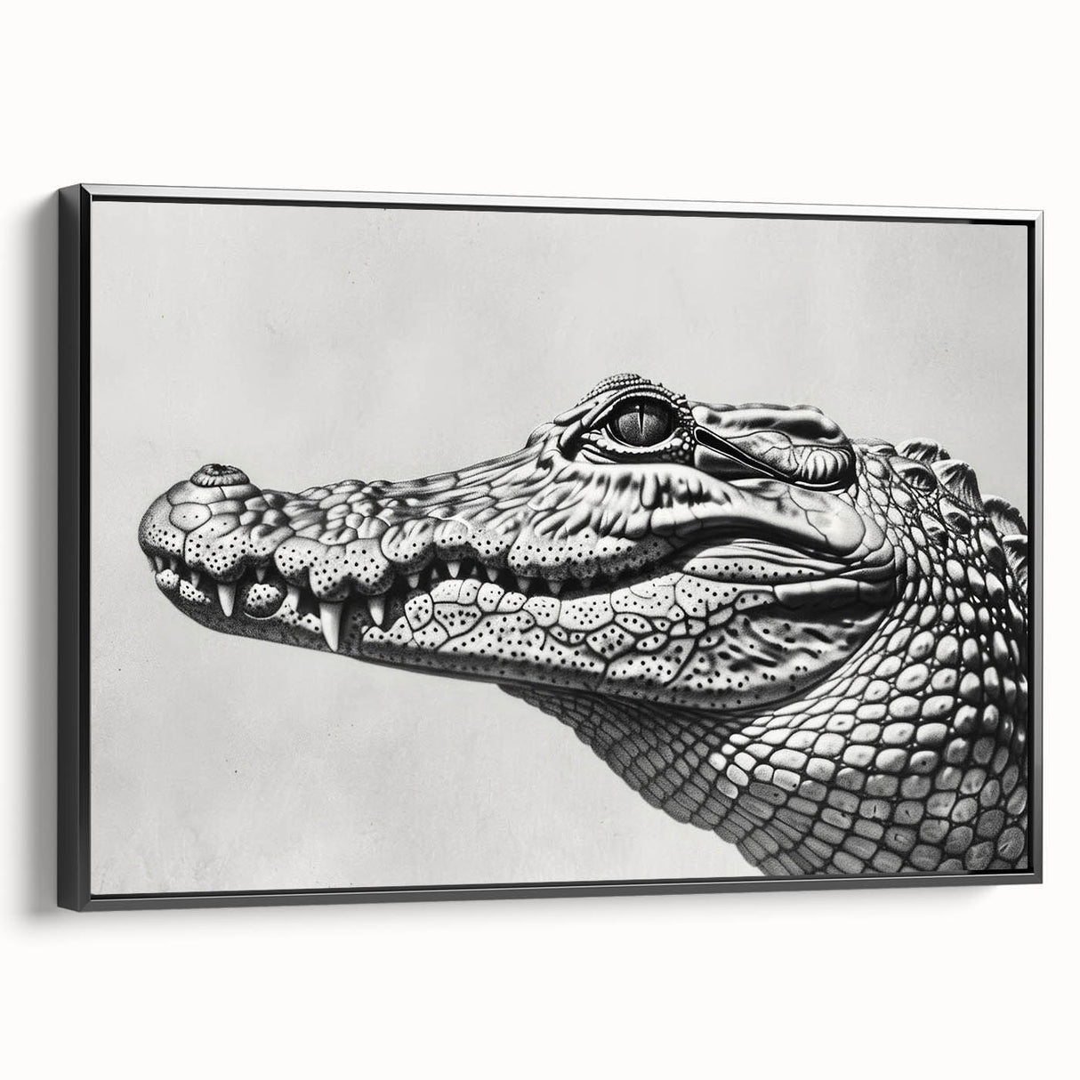 Framed canvas wall art showcasing a vibrant design of reptiles, including alligators and crocodiles, set against a black background, ideal for nature enthusiasts.