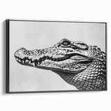 Framed canvas wall art showcasing a vibrant design of reptiles, including alligators and crocodiles, set against a black background, ideal for nature enthusiasts.
