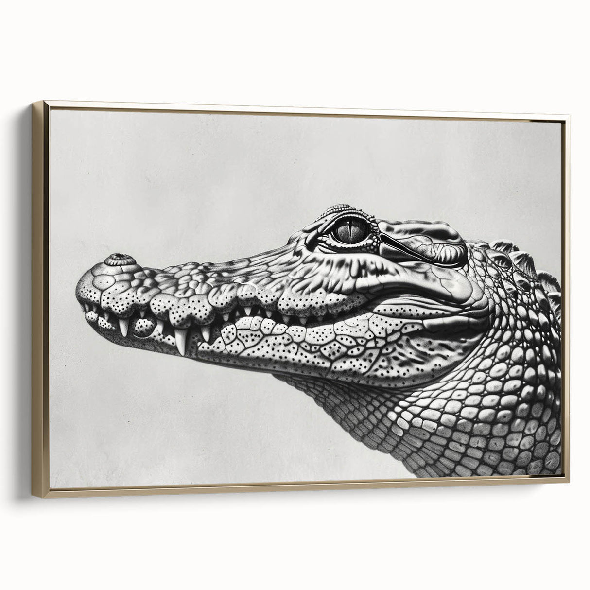 Framed wall art featuring a vibrant design of reptiles, including gators and crocodiles, set against a gold background, ideal for wildlife enthusiasts.