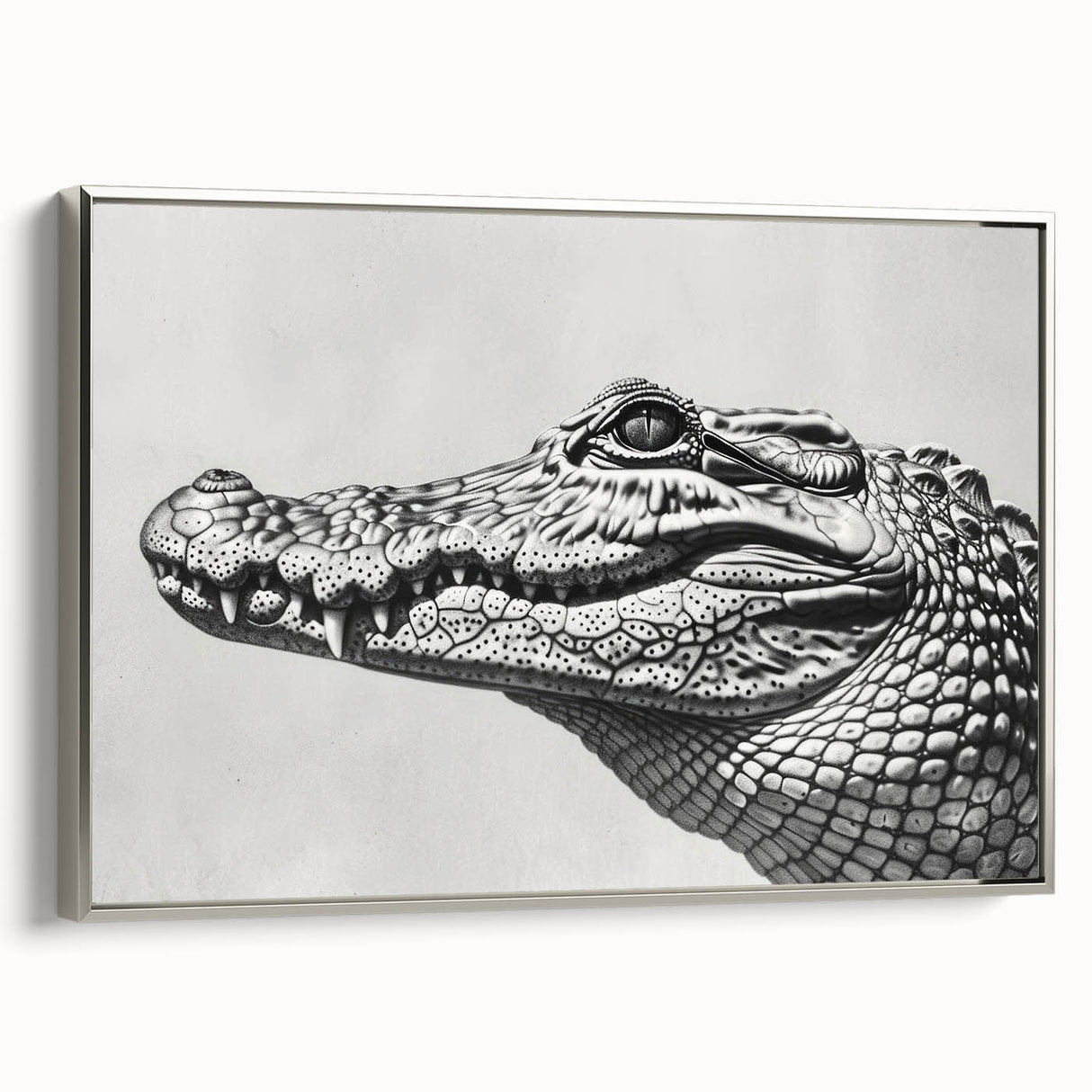 Framed canvas wall art showcasing a vibrant reptile design featuring alligators and crocodiles, elegantly presented with a sleek silver frame, ideal for wildlife enthusiasts.