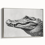 Framed canvas wall art showcasing a vibrant reptile design featuring alligators and crocodiles, elegantly presented with a sleek silver frame, ideal for wildlife enthusiasts.