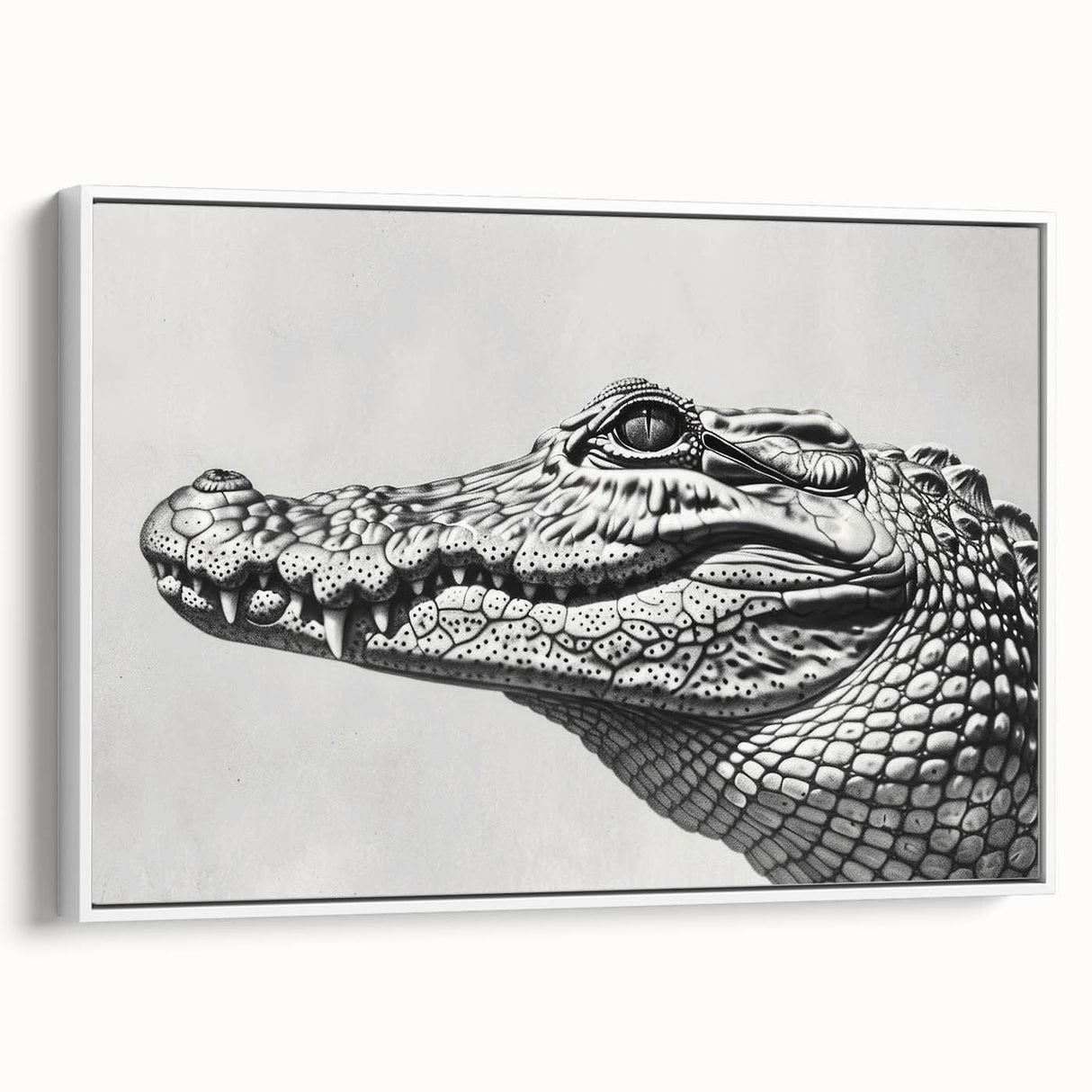 Framed canvas wall art showcasing a detailed design of reptiles, including alligators and crocodiles, against a white background, ideal for nature-themed decor.