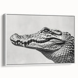 Framed canvas wall art showcasing a detailed design of reptiles, including alligators and crocodiles, against a white background, ideal for nature-themed decor.