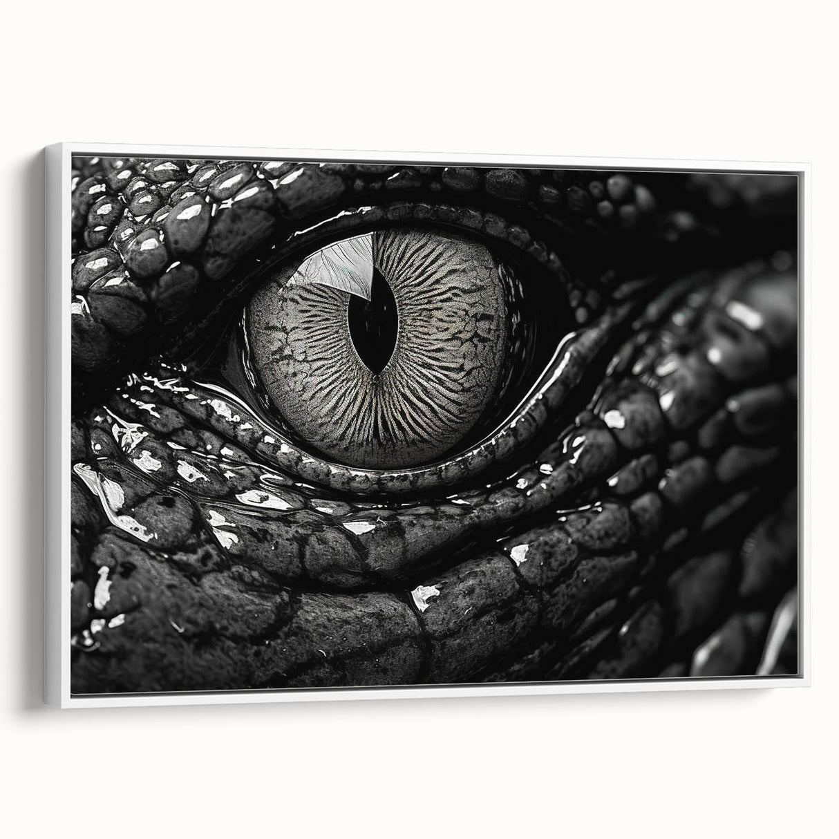 Framed wall art featuring a vibrant design of reptiles, including gators and crocodiles, against a white background, perfect for nature enthusiasts and modern decor.