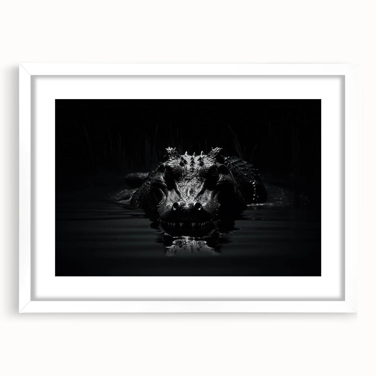 Framed wall art collection showcasing playful reptile designs featuring alligators and crocodiles, set against a white mat for an eye-catching presentation.