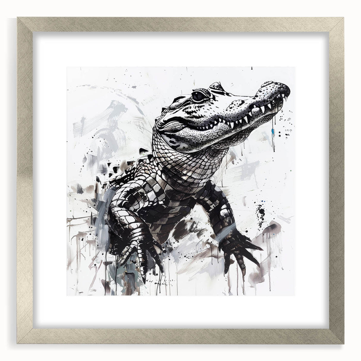 Framed wall art collection depicting vibrant gators and crocodiles, showcasing intricate designs in a sleek silver frame, perfect for reptile enthusiasts.