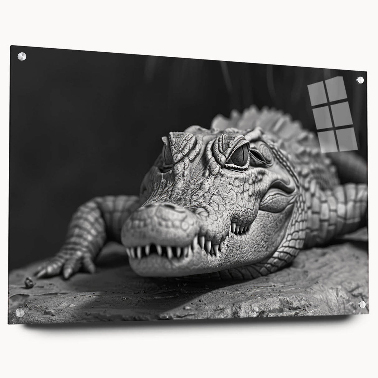 Acrylic wall art featuring a vibrant reptile design showcasing alligators and crocodiles, displayed from the side with decorative pins, ideal for wildlife enthusiasts.