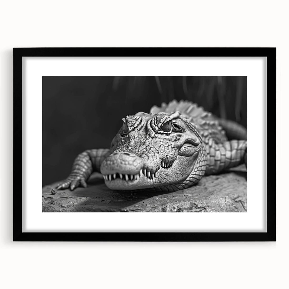 Framed wall art collection featuring a vibrant design of reptiles, gators, and crocodiles, set against a sleek black mat, perfect for nature enthusiasts.