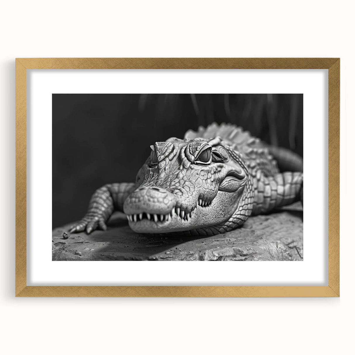 Framed wall art collection showcasing a vibrant reptile design featuring alligators and crocodiles, set in a stylish gold frame with a mat, ideal for home decor.